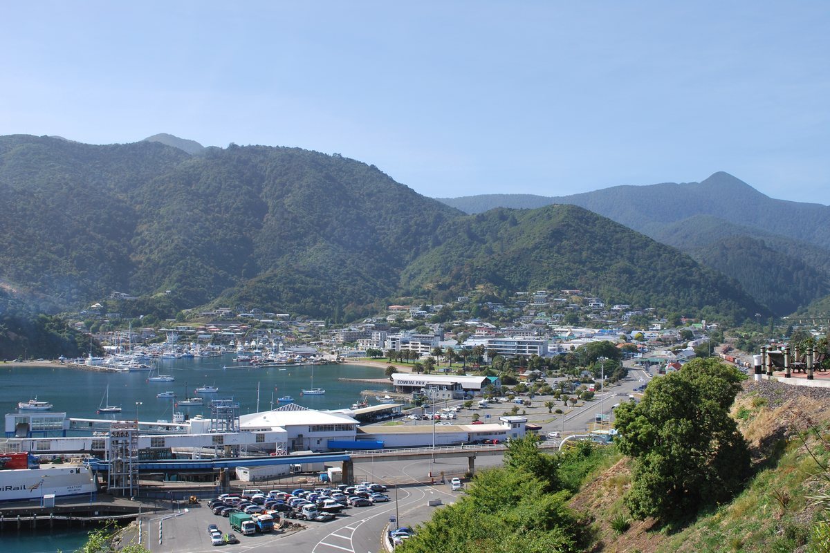 View from a hillside lookout down over Picton, its marina and Queen Charlotte Sound