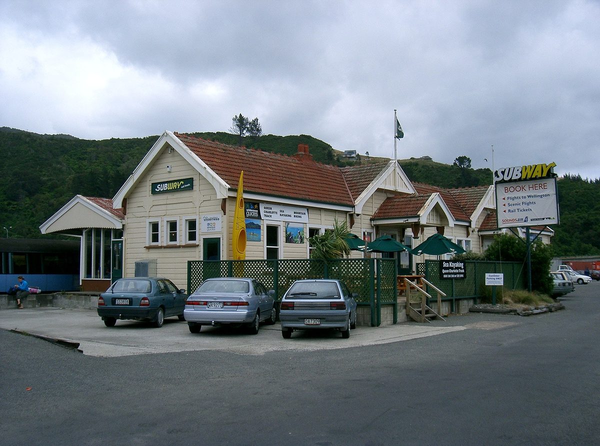 Picton railway station and neighbouring buildings seen from Auckland Street