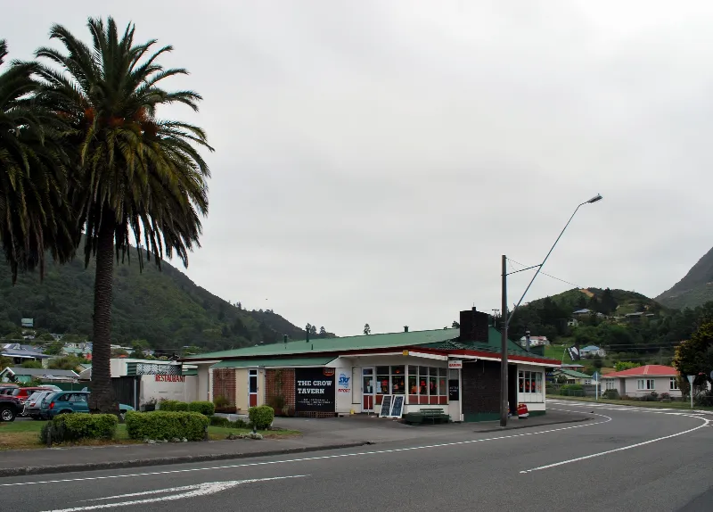 Low green-roofed tavern building beside a road and a large palm tree, Picton